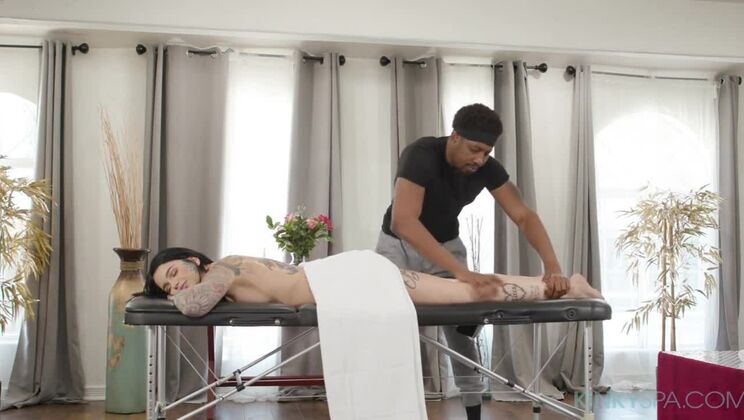 Tattooed Brunette Leigh Raven Takes Black Masseur's Huge Dick