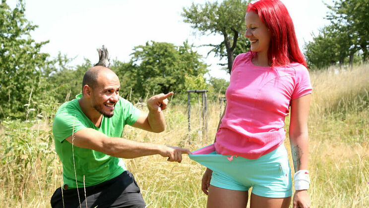 Shaved Redhead Teen’s Outdoor Blowjob and Fuck