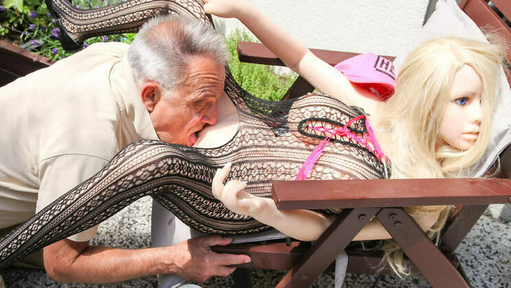 Old Man Masturbates with Blonde Doll