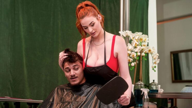 Redhead milf gets boned in barber shop chair